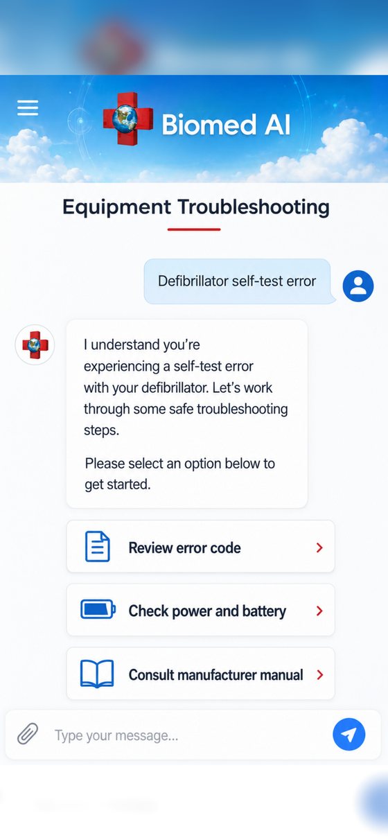 Biomed AI equipment troubleshooting in the BiomedRx App working a defibrillator self-test error step by step