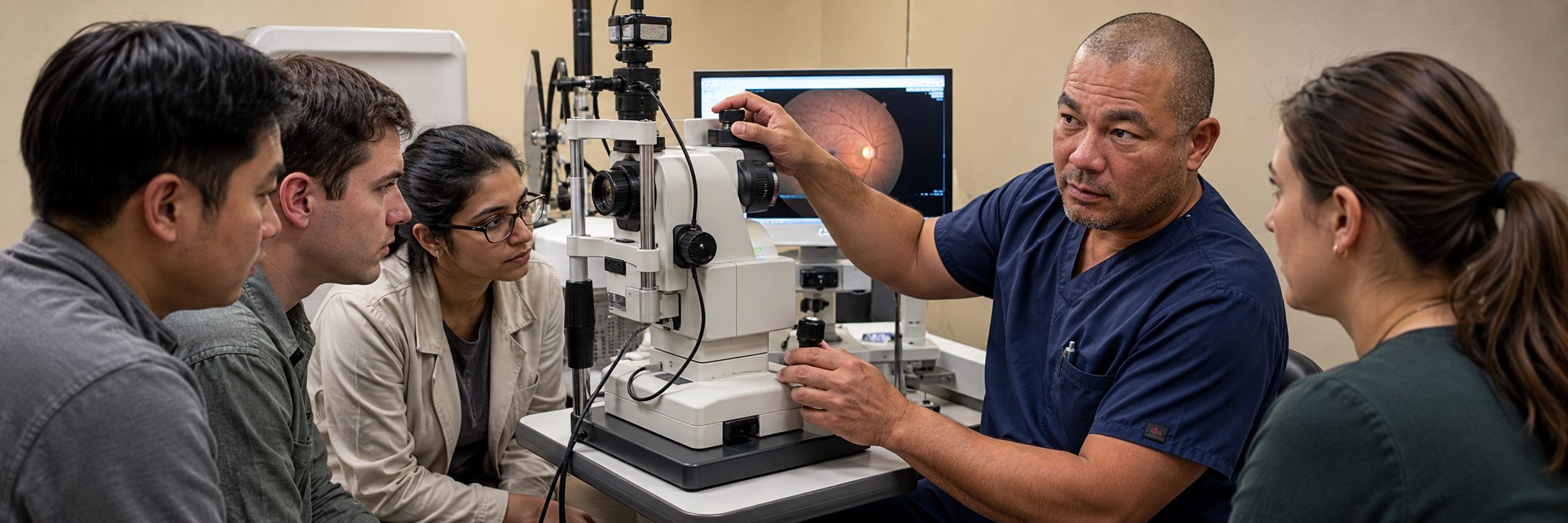 Ophthalmic equipment service on an autorefractor and phoropter in an eye clinic