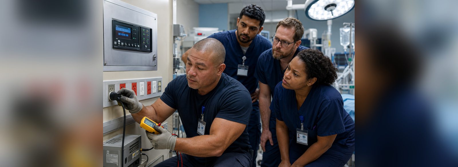 Isolated power receptacle load test performed with a plug-in analyzer while staff look on