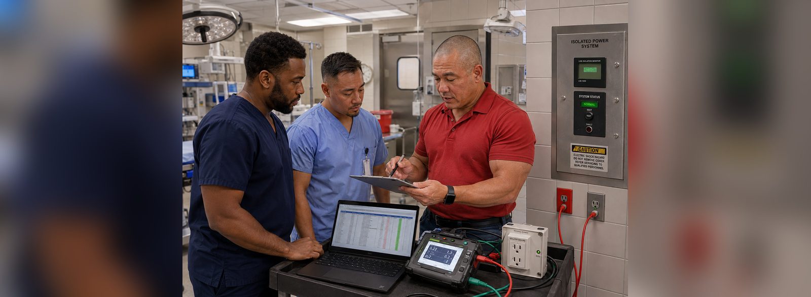 Isolated power system test results entered on a laptop beside the system status panel