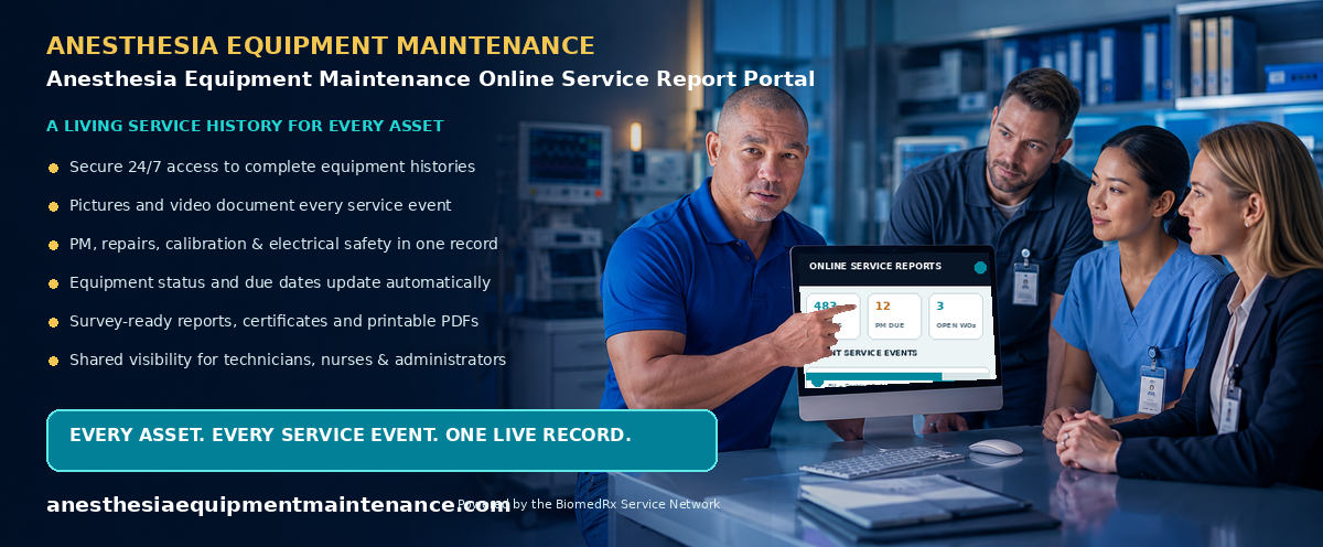 Anesthesia Equipment Maintenance Online Service Report Portal — every service event, live in your secure online report portal; view a sample report